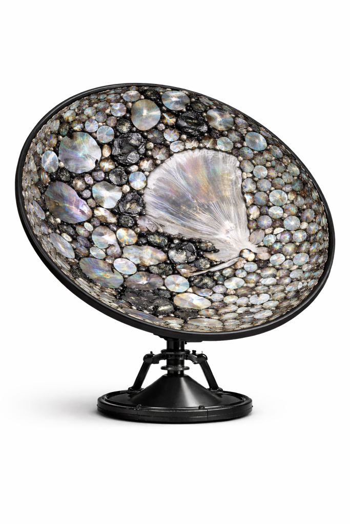 Spherical sculptural surface inlaid with irregular mother-of-pearl shell fragments set in black bitumen, mounted on a metal stand.